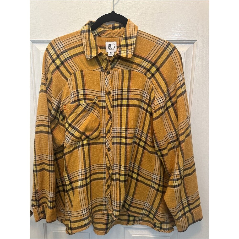 BDG Mustard Oversized Boxy Plaid Button-Up